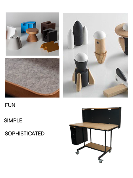 Wooden blocks and a desk with the words 'fun', 'simple', and 'sophisticated'