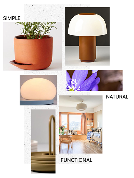 Collage of plant pots, lamps, etc. with the words 'simple', 'natural', and 'functional'