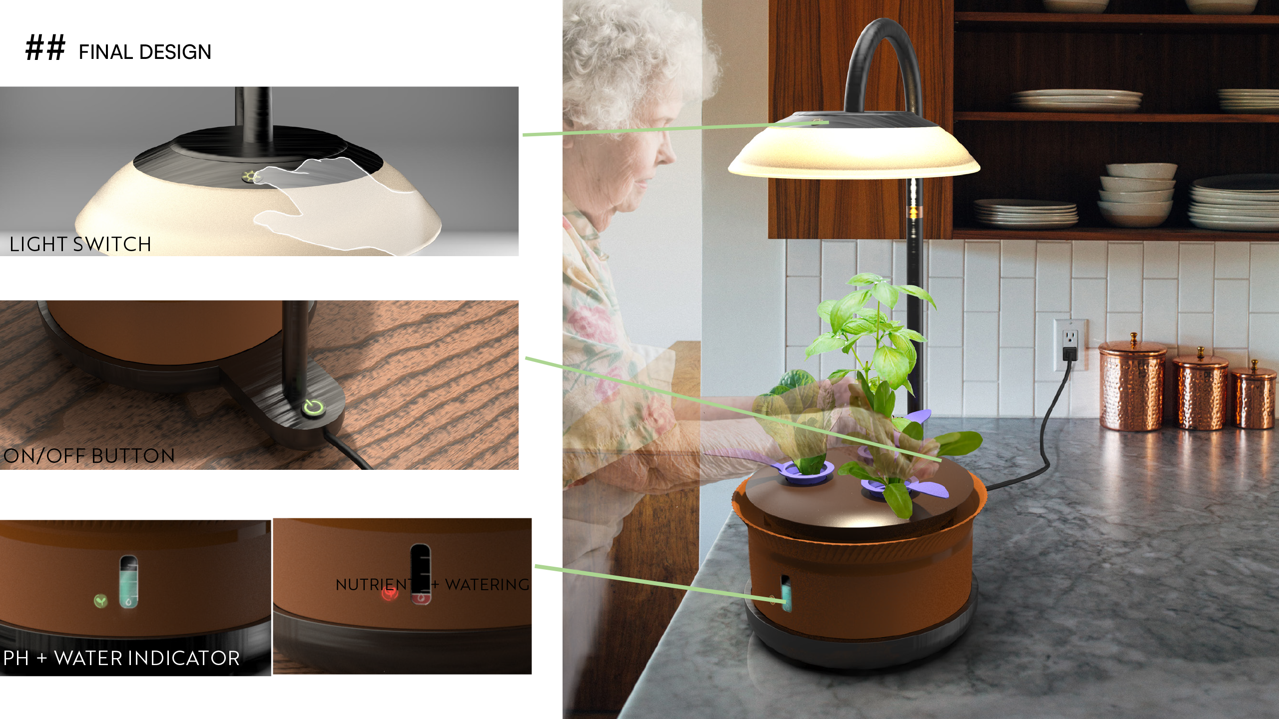 Final design closeup of light switch on-off button and PH water indicator