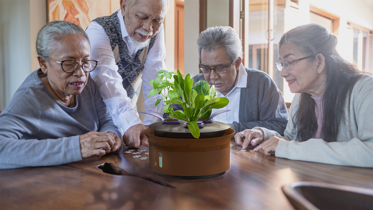 Elderly people sitting around a render of Hachi Hydroponic System