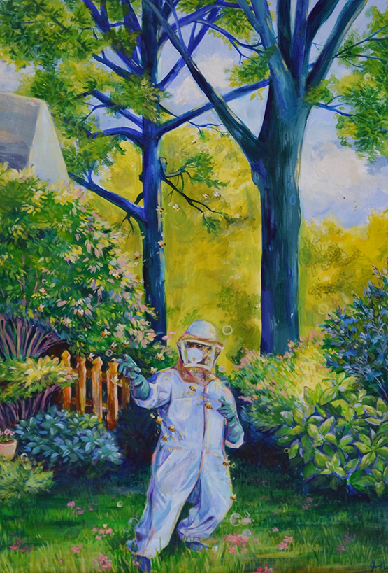 Painting of a beekeeper in nature with flowers and trees