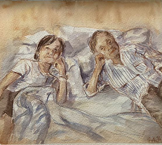 Watercolor painting of two old ladies laying next to each other