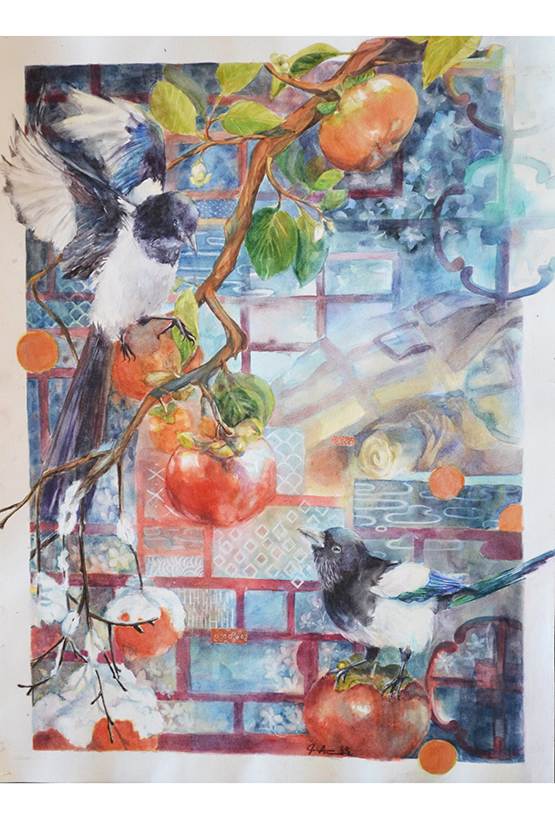 Watercolor painting of birds and persimmons in front of an abstract background