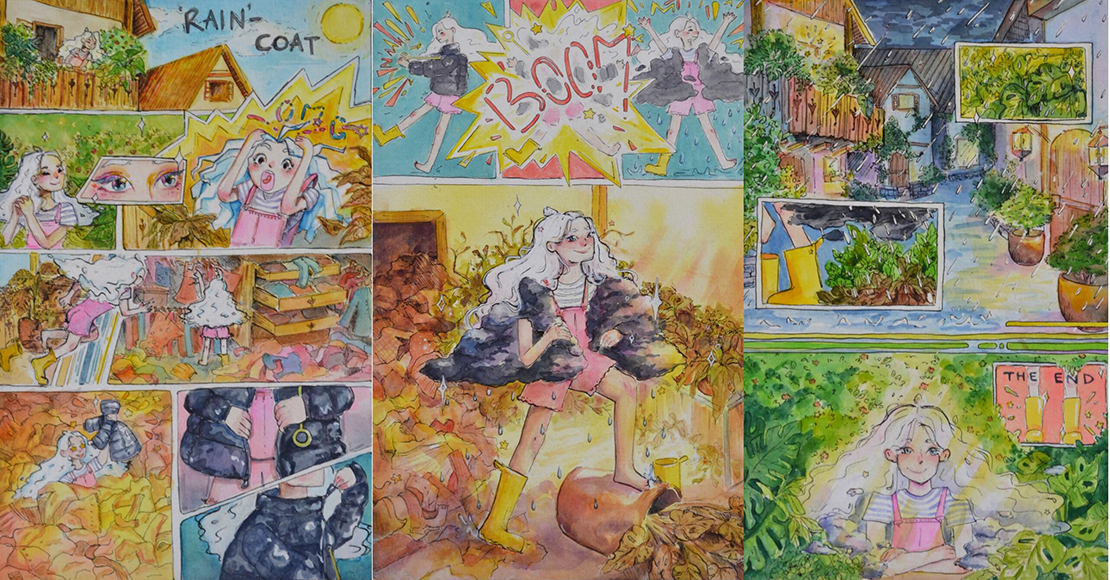 Comic strip drawing of a girl with a raincoat in the outdoors