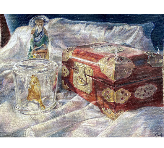Watercolor still life painting of an ornate box, an upside down class with a golden leaf inside, and a statue of a Chinese farmer