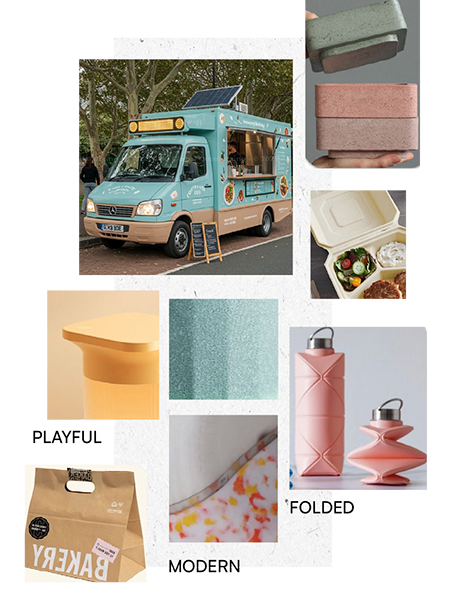 A food truck with various food containers that nest with the words 'playful', 'modern', and 'folded'
