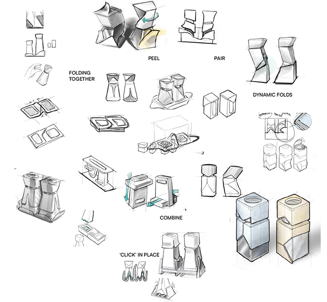 Sketches of different salt and pepper shaker shapes with the words 'folding together', 'peel', 'pair', 'dynamic folds', 'combine', and 'click in place'