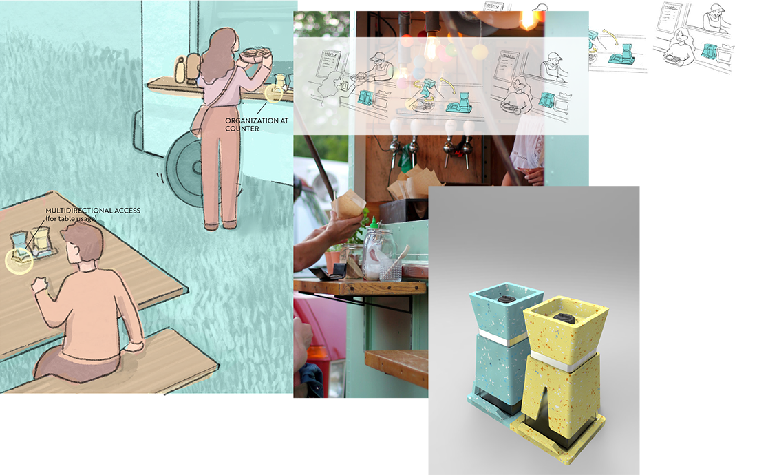 Drawings and renders of the final design and how it would be used at a foodtruck