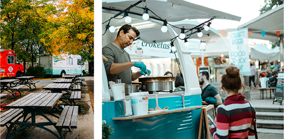 foodtrucks and people in and next to them