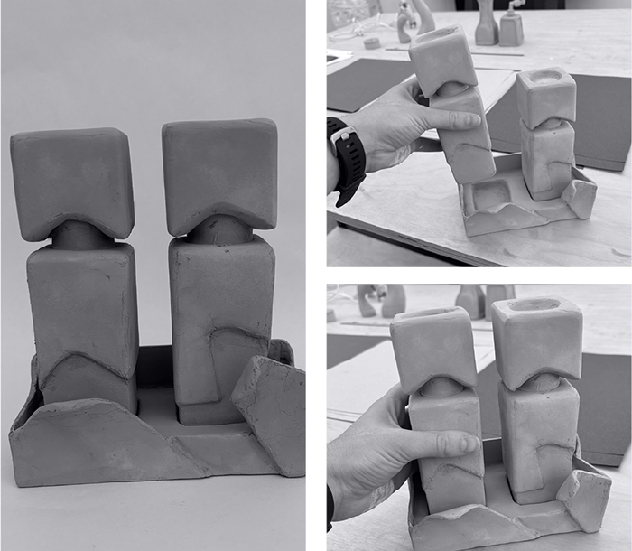 Clay prototypes of 'Split' salt and pepper shakers