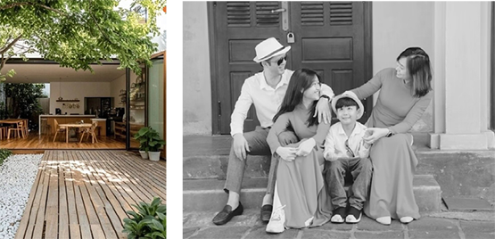 a patio and a family of four sitting on a stoop