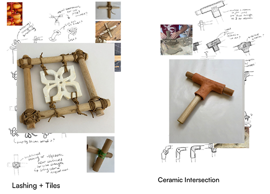 Pieces of the furniture set with drawings behind them and the words 'Lashing + Tiles' and 'Ceramic Intersection'