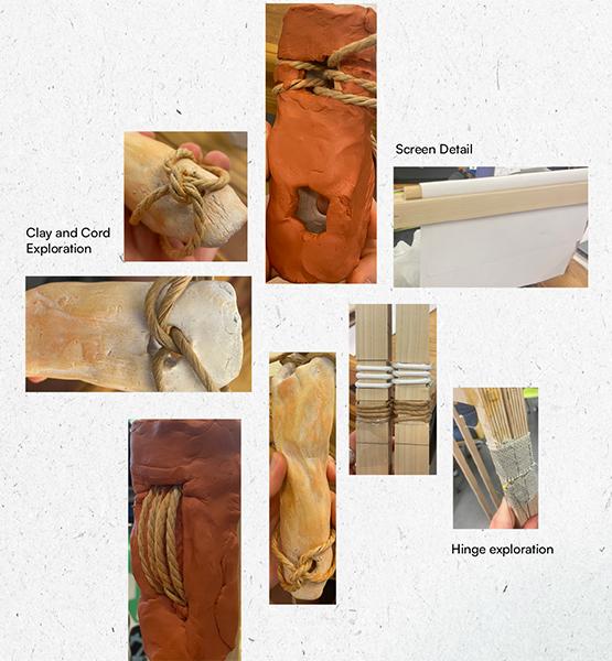 Pieces of the furniture set with the words 'Clay and Cord Exploration', 'Screen Detail', and 'Hinge Exploration'