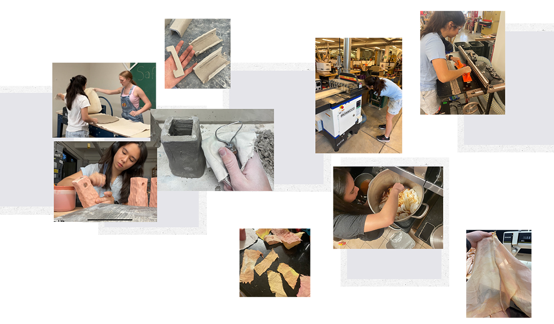 Collage of Jade and project partner creating Sunware Set furniture set using clay, fabric, dyes, and wood with a CNC machine