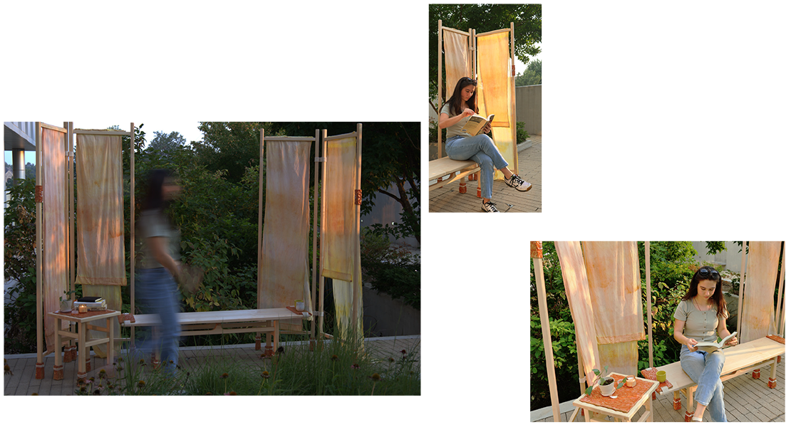 Collage of Jade next to and sitting on Sunware Set furniture set