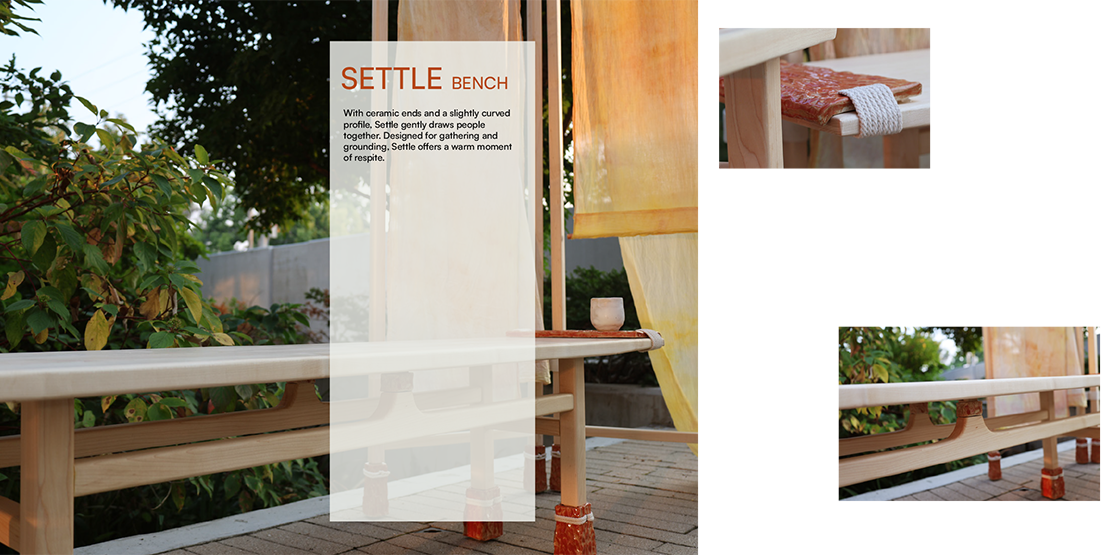 Collage of angles of Sunware Set furniture set
              with the caption: 'SETTLE BENCH: With ceramic ends and a slightly curved profile. Settle gently draws
              people together. Designed for gathering and grounding. Settle offers a warm moment of respite.'
