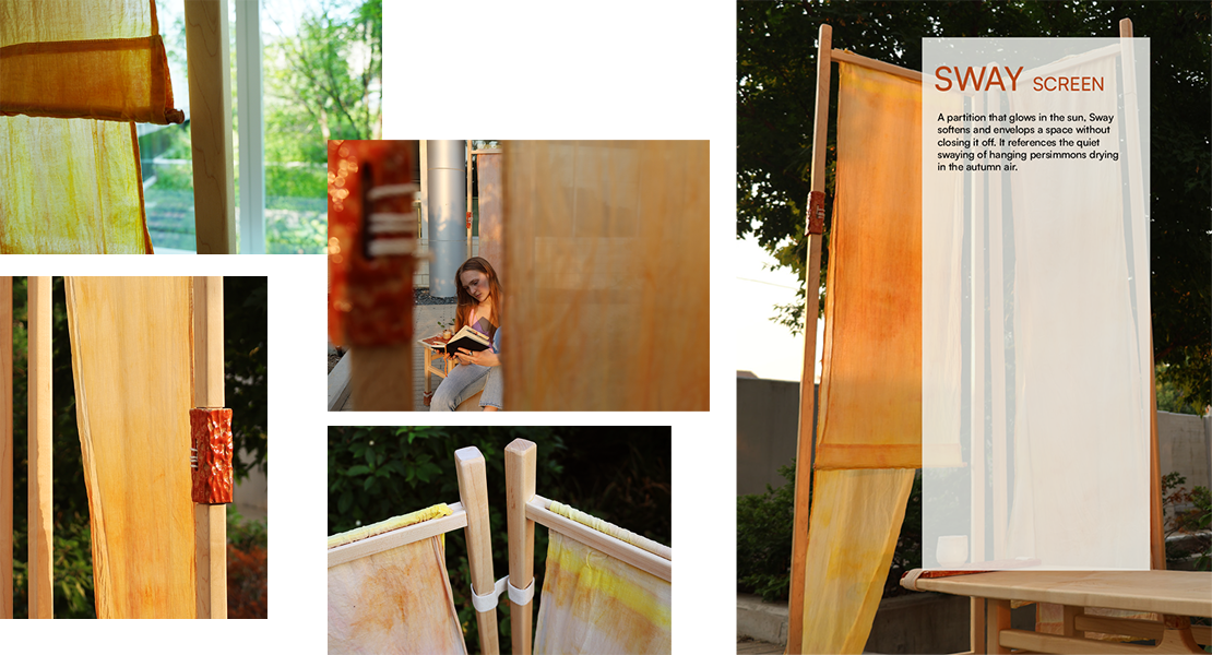 Collage of angles of Sunware Set furniture set
              with the caption: 'SWAY SCREEN: A partition that glows in the sun. Sway softens and envelopes a space
              without closing it off. It references the quiet swaying of hanging persimmons drying in the autumn air.'